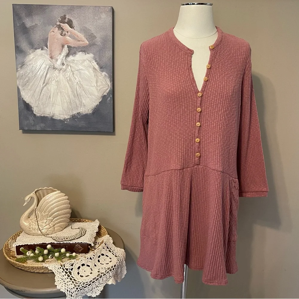 Free People Beach Dusty Rose Blossom Cotton Ribbed Knit Dress Oversized
